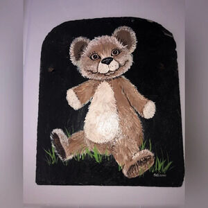 Handmade Vintage Acrylic Slate Painting Teddy Bear Hanging Art